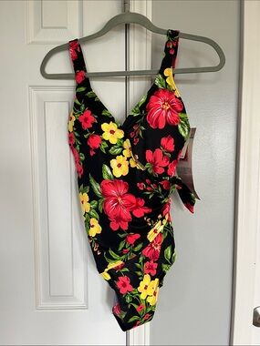 Body I.D. Floral One-Piece Swimsuit in Black with Red & Yellow Hibiscus size 12